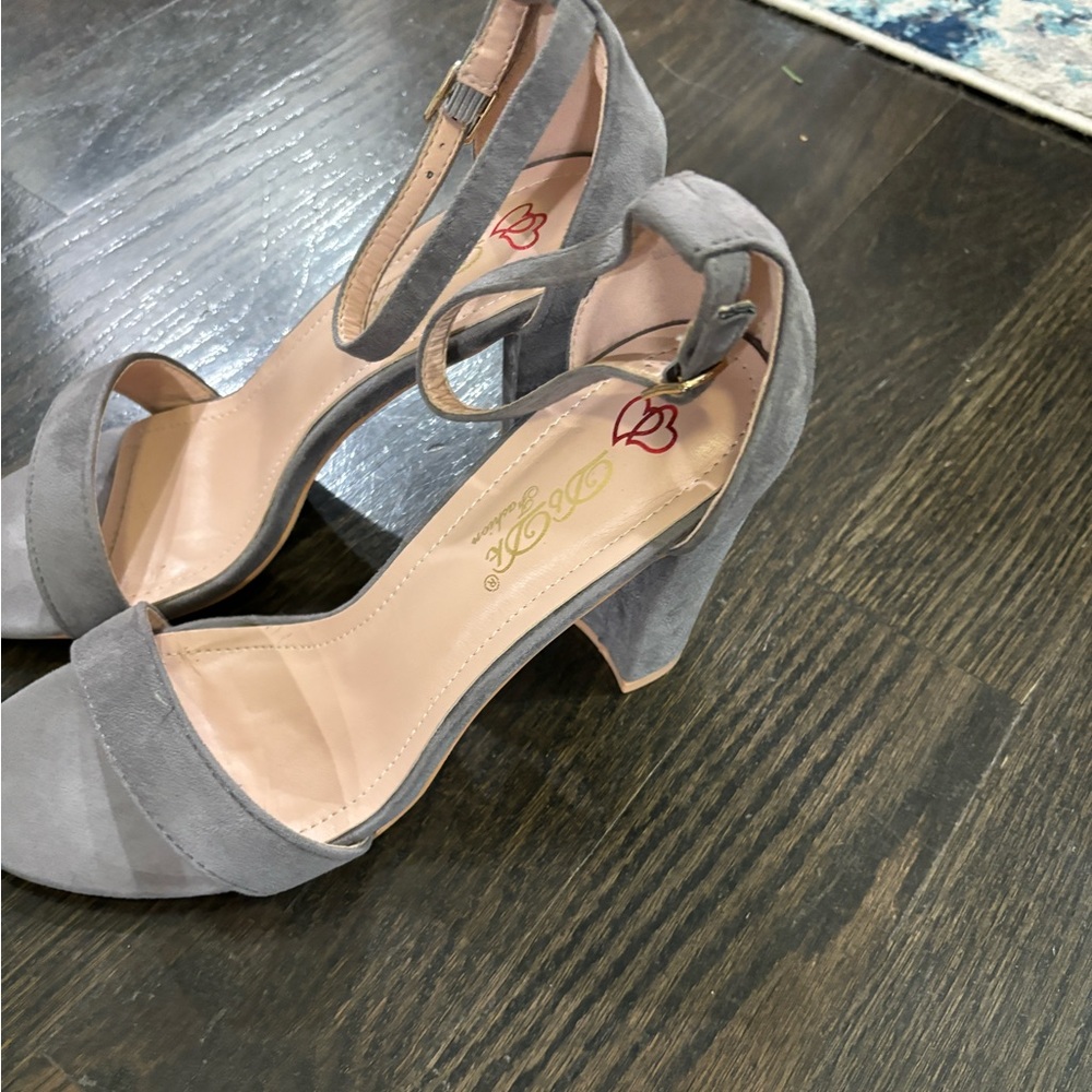 Grey suede open toe heels